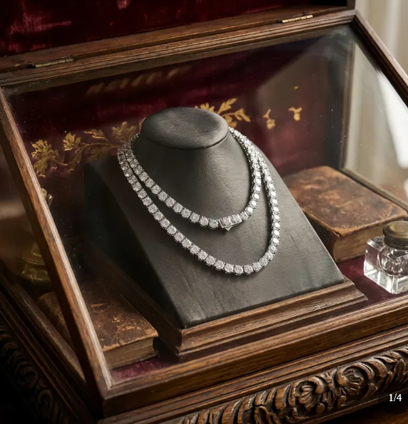 925 Sterling Silver Elegant Double-Strand CZ Necklace with Central Pendant in White Gold